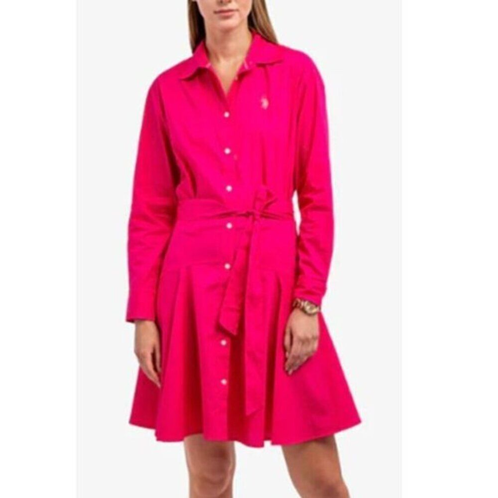 US Polo Mini Dress Belted Cotton Button Front Fuchsia Party Babydoll Small